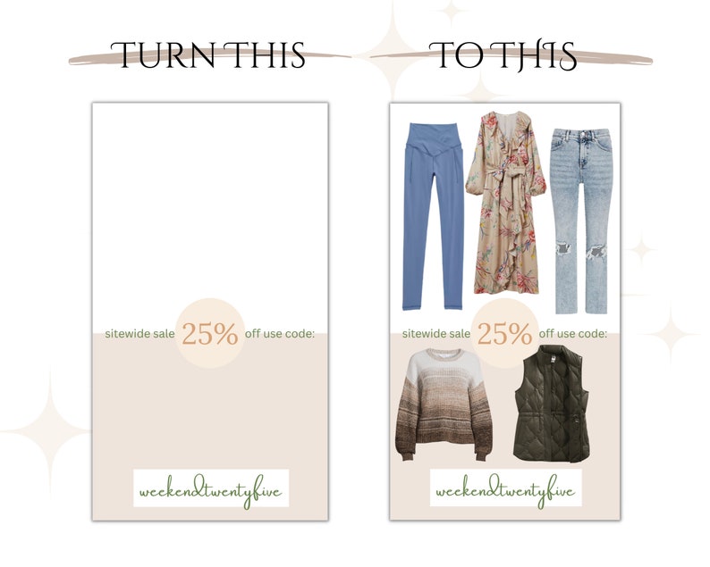 May include: A collage of clothing items, including a long-sleeved sweater, a vest, a pair of jeans, a pair of leggings, and a long floral dress. The text "sitewide sale 25% off use code: weckendtwentyfive" is displayed at the bottom of the image.