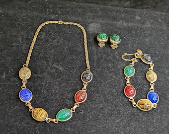 12 KT Gold Filled Karen Lynne Egyptian Revival Bracelet, Necklace & Clip Earrings Set with real gemstones