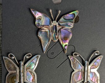 Taxco/LM signed Abalone and Sterling Silver butterfly brooch & screw back earring set
