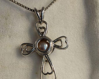 925er Sterling Silber/rosa Perle Vintage KBN Silberkreuz mit abnehmbarer Perle, 52cm