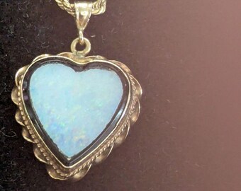 Victorian Opal Doublet Heart Necklace on 14KT Yellow Gold Rope Chain