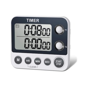 May include: A white digital kitchen timer with a black display. The timer has two buttons labelled T1 and T2, and a large button labelled START/STOP. The display shows 0:0800 and 0:0000. The timer also has buttons for M, HR, MIN, and SEC, and a CLEAR button.