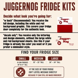 May include: Juggernog Fridge Kits informational graphic with dark red text on a light background. It outlines two options: w back with a full white and red graphic, or decals only. It includes a size guide for small, medium, and large fridges.