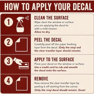 May include: An instructional graphic titled HOW TO APPLY YOUR DECAL with four numbered steps. Step 1 shows a spray bottle icon to clean the surface. Step 2 shows a paper backing being peeled. Step 3 shows a card smoothing the decal. Step 4 shows the final removal.