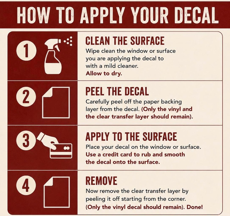 May include: An instructional graphic titled HOW TO APPLY YOUR DECAL with four numbered steps. Step 1 shows a spray bottle icon to clean the surface. Step 2 shows a paper backing being peeled. Step 3 shows a card smoothing the decal. Step 4 shows the final removal.
