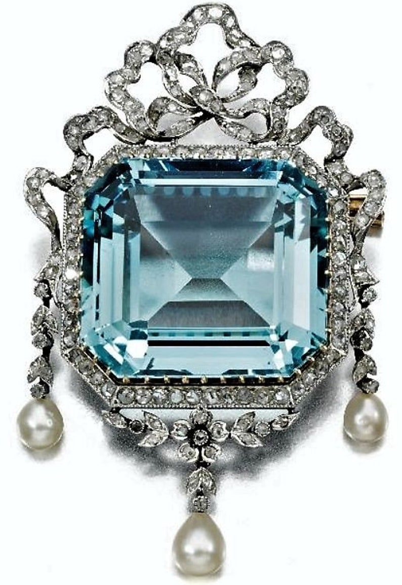 Antique Aquamarine Brooch Rose Cut Diamond Brooch 925 Sterling Silver