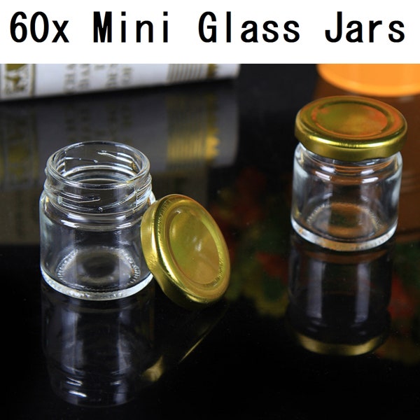 60x Mini Wedding Favors Glass Jars 50ml Gold Lid Candy Jam Honey Preserving Chocolate Message Cute Party Bridal Gift