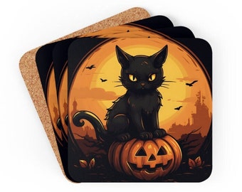 Black Cat Coaster Set of4, Halloween Coaster, Halloween Decor, Witch Cat, Halloween Gift, Cat Home Decor, Halloween Table, Kitty Cat Lover,