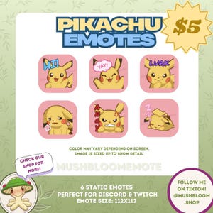 Puede incluir: Un conjunto de seis emoticonos de Pikachu sobre un fondo rosa, con varias expresiones y bocadillos de texto. El texto "PIKACHU EMOTES" está en la parte superior, con una etiqueta de precio de 5 $. La imagen también incluye el texto "MUSHBLOOMEMOTE".