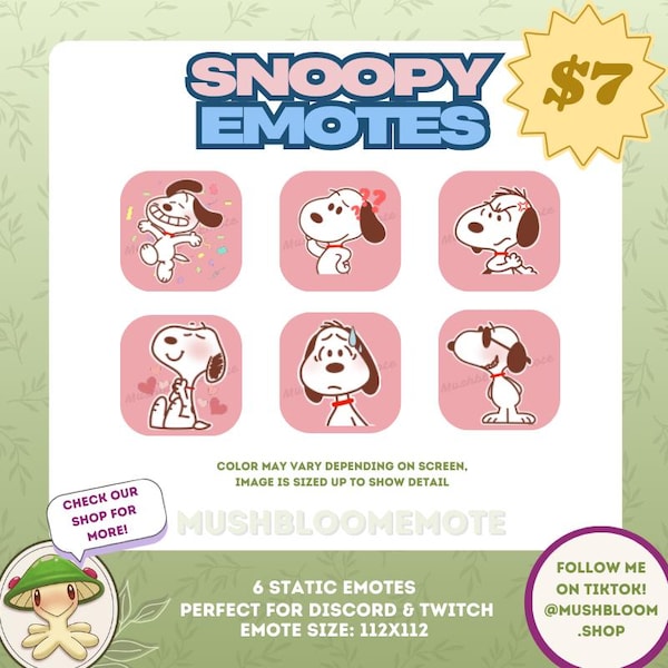 SNOOPY Emote Bundle (6) | Cute Peanuts Emotes | Twitch Discord YouTube | Chibi Beagle Expressions | Cozy Stream Stickers | Instant Download