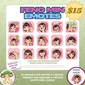 May include: A set of 15 unique cartoon emotes featuring a girl with pink hair and a pink hooded jacket. The emotes are in a grid format and include expressions like surprised, happy, sad, and angry. The text "FENG MIN EMOTES" and "MUSHBLOOMEMOTE" are at the top of the image. The text "£12.50" is in a yellow star shape. The text "GG" and "RAID" are on two of the emotes. The text "BONUS EMOTE!" is in a circle at the bottom right of the image.
