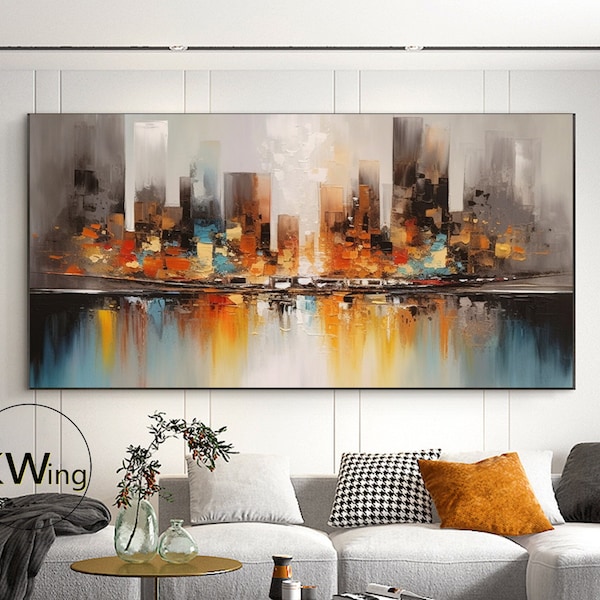 Modern Abstract Cityscape Painting,Original Urban Landscape Art,City Skyline Texture Canvas Art,Modern Urban Art For Bedroom & Living Room