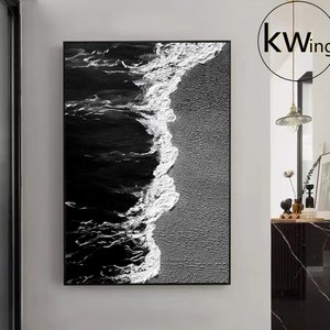 Black and White Textured Abstract Painting,3D Black White Wave Painting,Large Modern Canvas Art,Wabi-sabi Art,Office Wall Decor,Home Decor