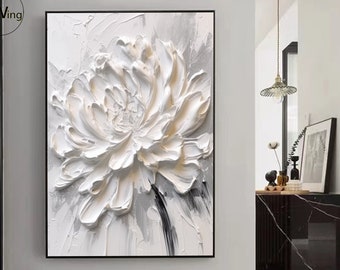 Large 3D Textured White Flower Painting,Floral Landscape Wall Art,Flower Acrylic Painting,Palette Knife Painting,Living Room Home Decor