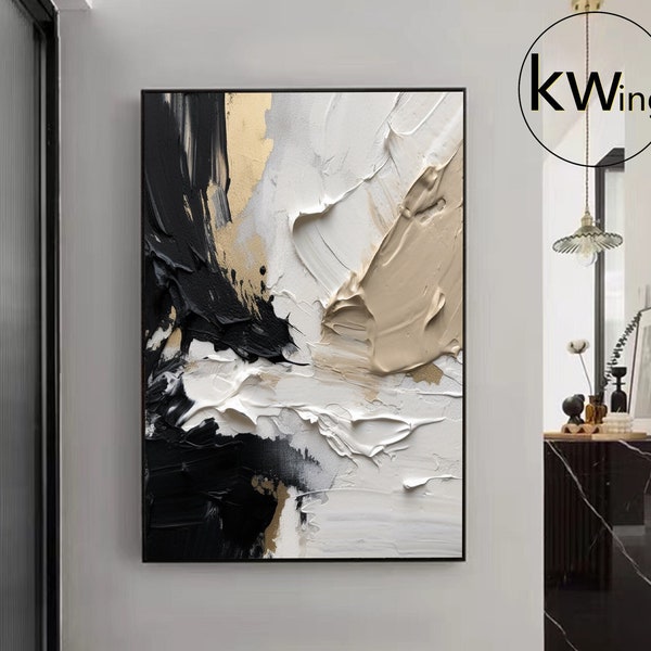 Large Beige Abstract Painting,Black and White Beige Wall Art,White and Gold Wall Art,Black and White Painting,Contemporary Office Art Decor