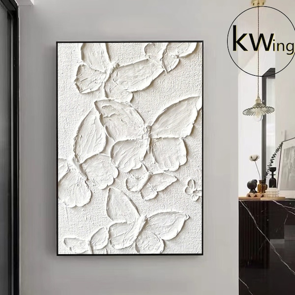 Large Texture Butterfly Acrylic Painting,White Textured Wall Art,White Abstract Art Painting,White 3D Abstract Texture Art,Home Wall Decor