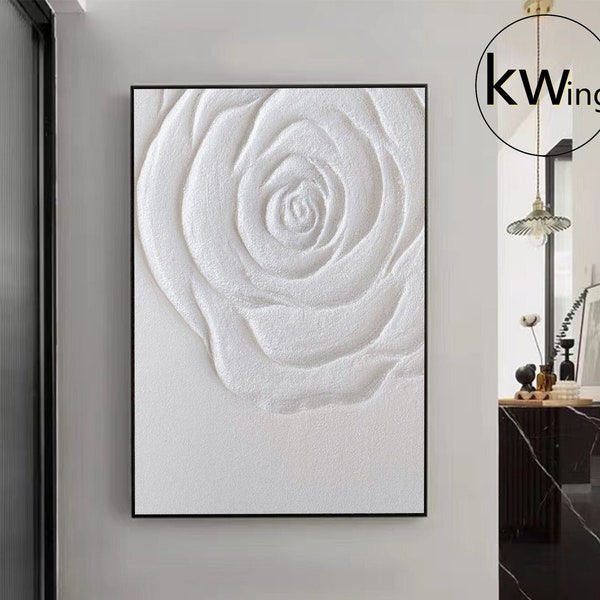 Große weiße 3D Blumen Textur abstrakte Malerei, Original Acrylbild, weiße Rose minimalistische Wandkunst, moderne Blumenkunst, Wohnkultur
