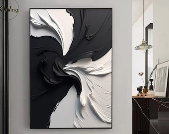 Gran pintura texturizada en blanco y negro, arte de pared de textura 3D en blanco negro, arte minimalista en blanco y negro, pintura acrílica abstracta en blanco y negro