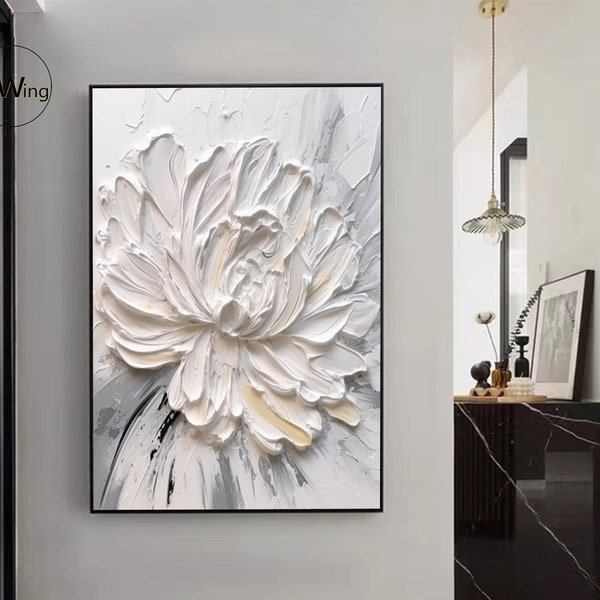 Large 3D Textured White Flower Painting,Heavy Textured Flower on Canvas,Original Flower Acrylic Painting,Modern Living Room Wall Decor