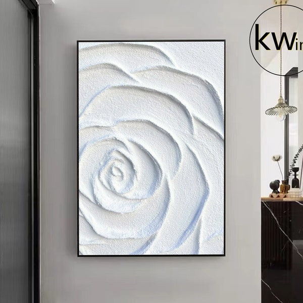 Große weiße strukturierte 3D-Blumen-Malerei, weiße schwere strukturierte Malerei, minimalistische Wandkunst, weiße Rose Acrylmalerei, weiße Rose Raumdekor