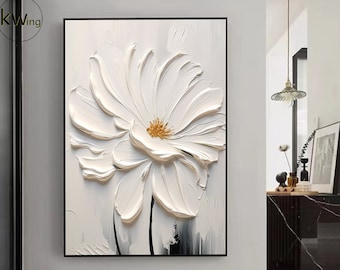 3D Flower Texture Painting,Original White Flower Painting on Canvas, Modern Knife Painting,Floral Wall Art,Custom Painting for Home Decor