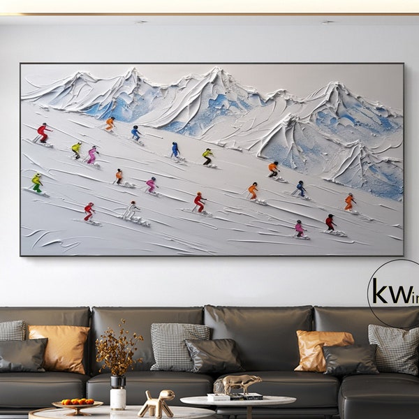 Skiing Sport Painting on Canvas,Original Ski Sport Art,3D White Texture Painting,Skier on Snowy Mountain Art,Personalized Gift for Skiers