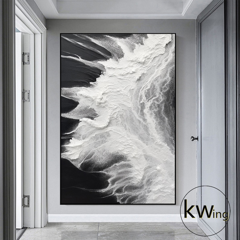 Large Black White Wave 3D Textured Painting,black and White Textured Wall Art,black White