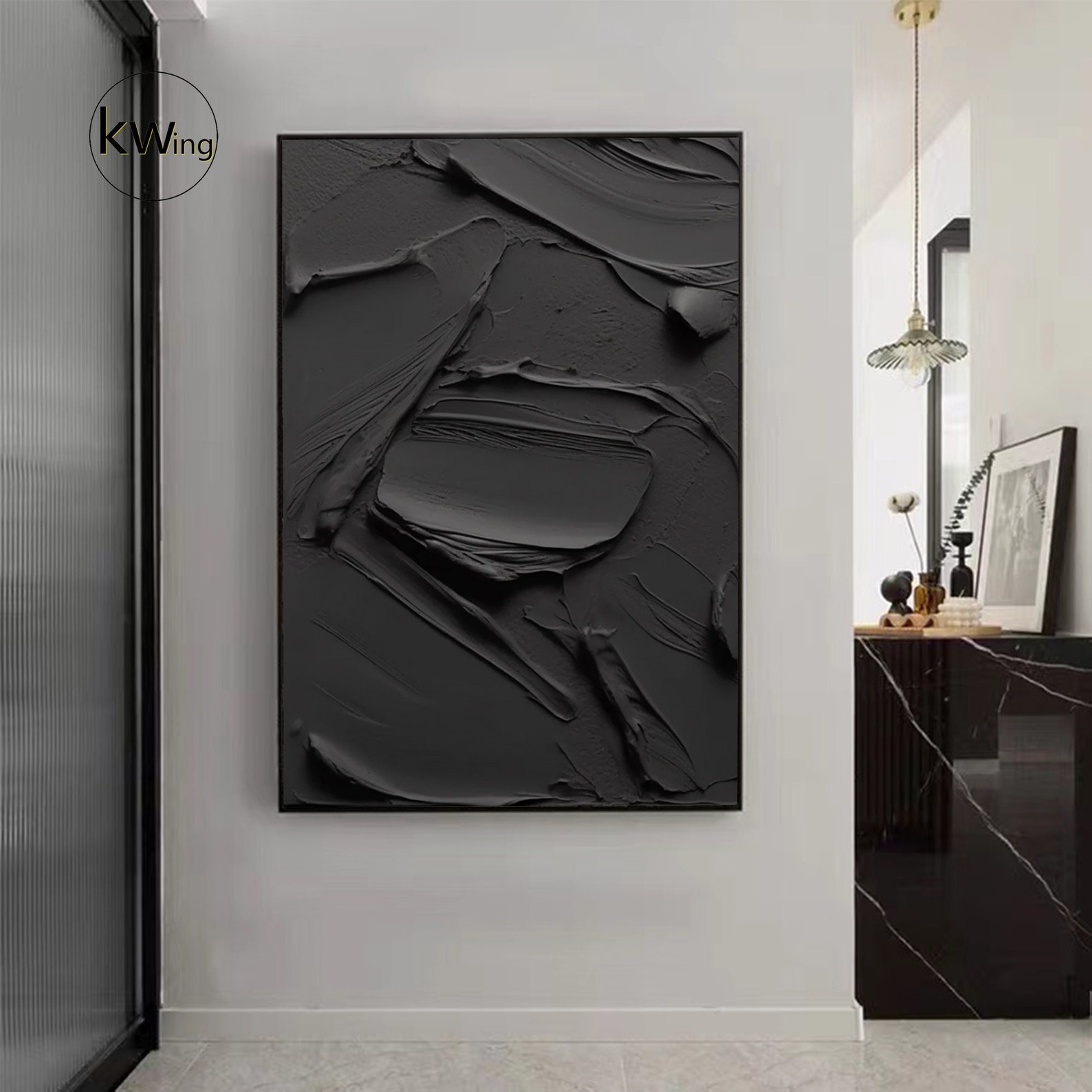 Large Black Abstract Painting,black Texture Painting,black Textured Wall Art,black 3D Textured