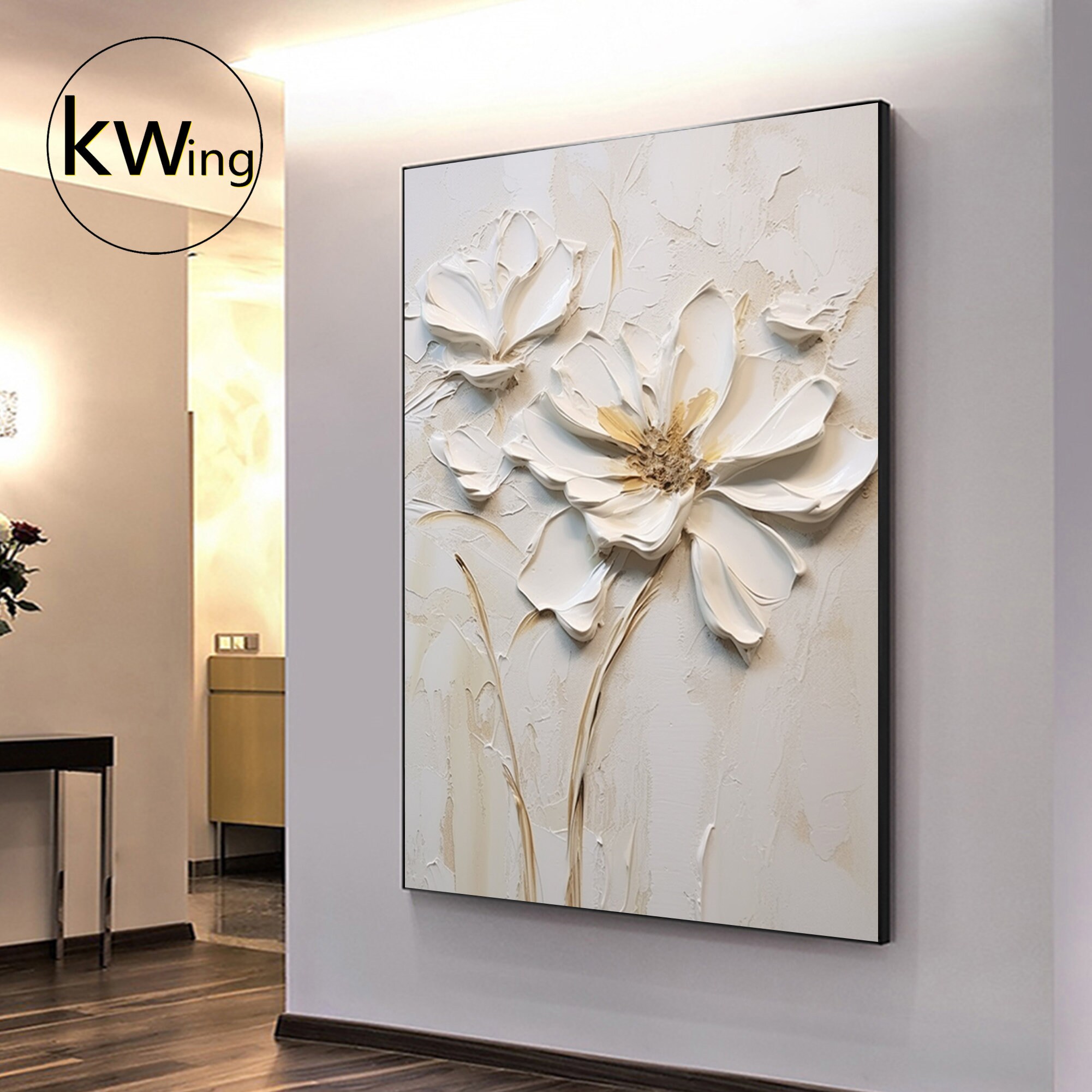 White Flower Texture Painting,original White and Beige Flower Painting ...