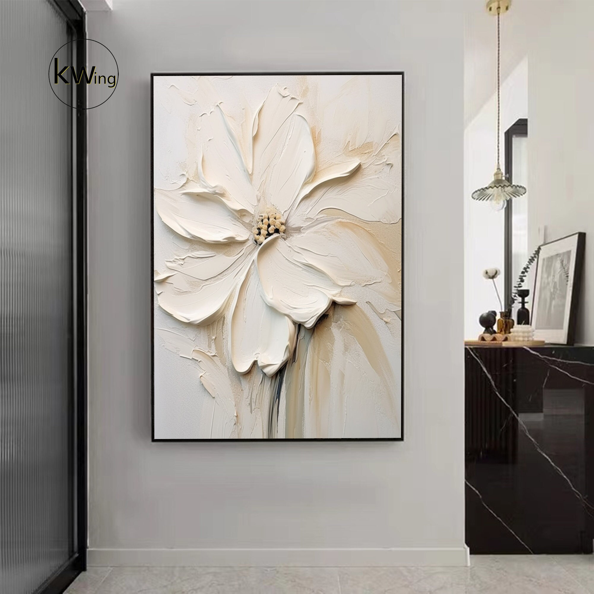 3D Texture White Abstract Flower Painting,flower Acrylic Painting,white Beige Floral Wall Art