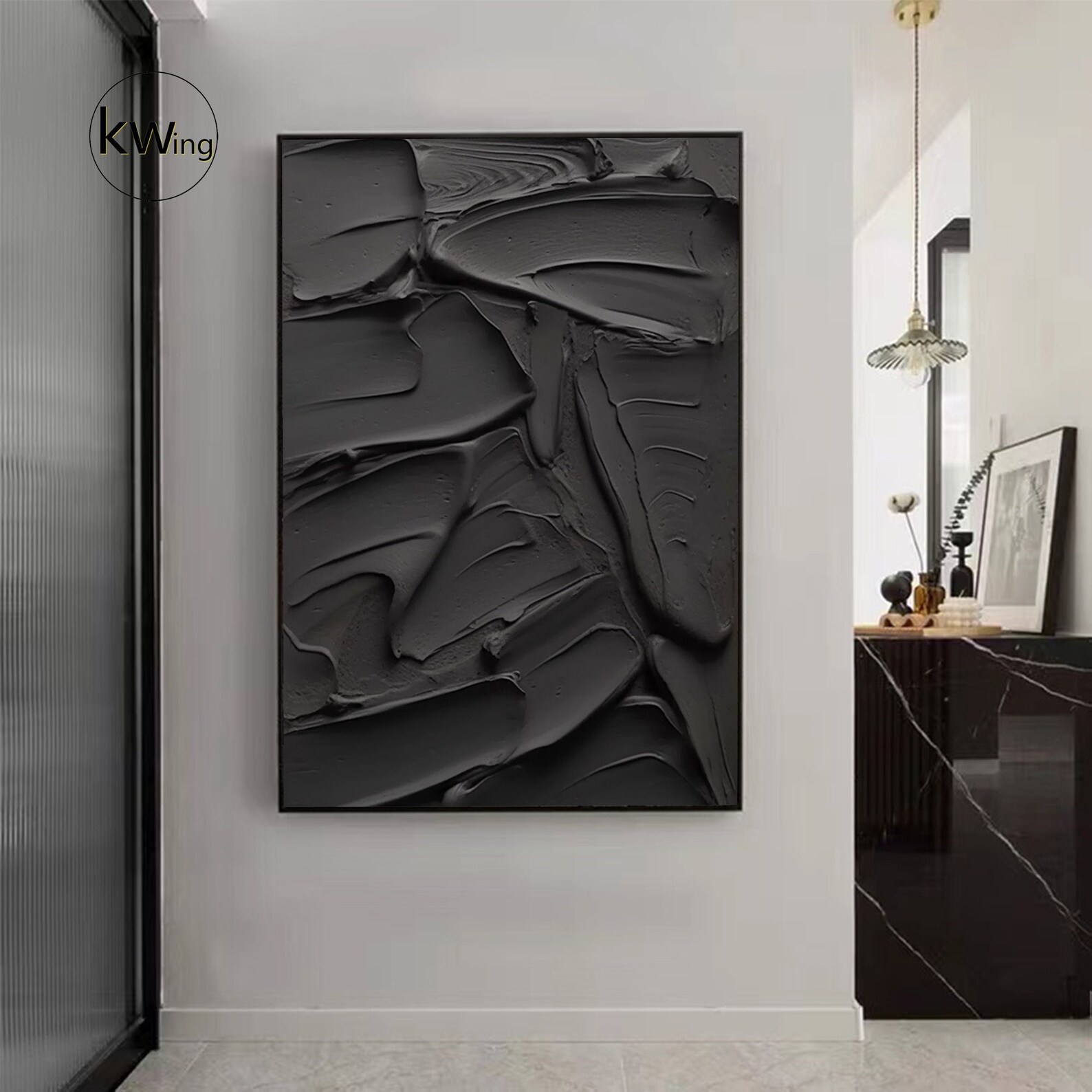 Large Black Textured Wall Art,black Plaster Texture Painting,3d Black