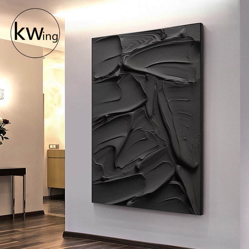 Large Black Textured Wall Art,black Plaster Texture Painting,3d Black