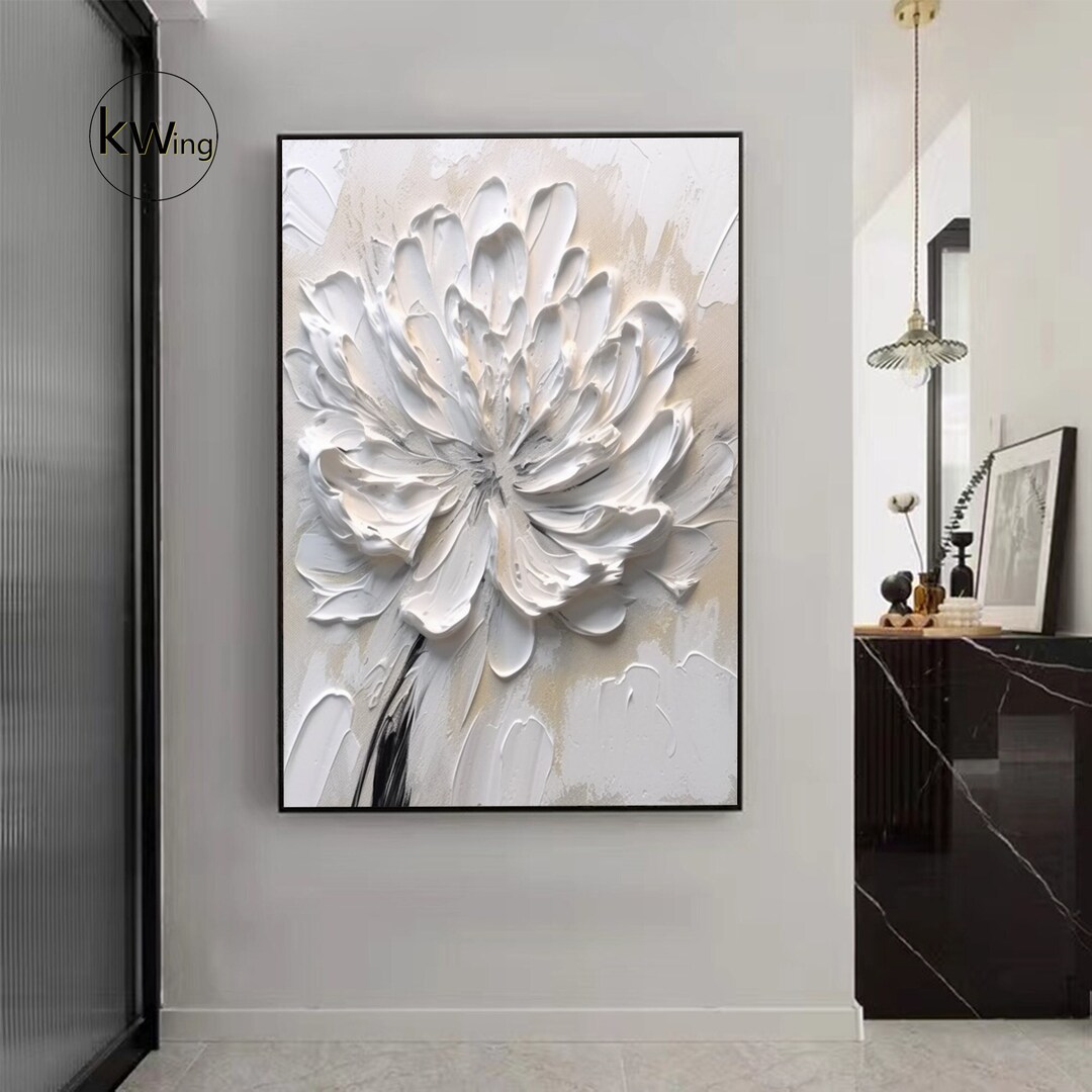 3D White Flower Texture Painting,white Textured Flower Canvas Wall Art,flower Acrylic Painting