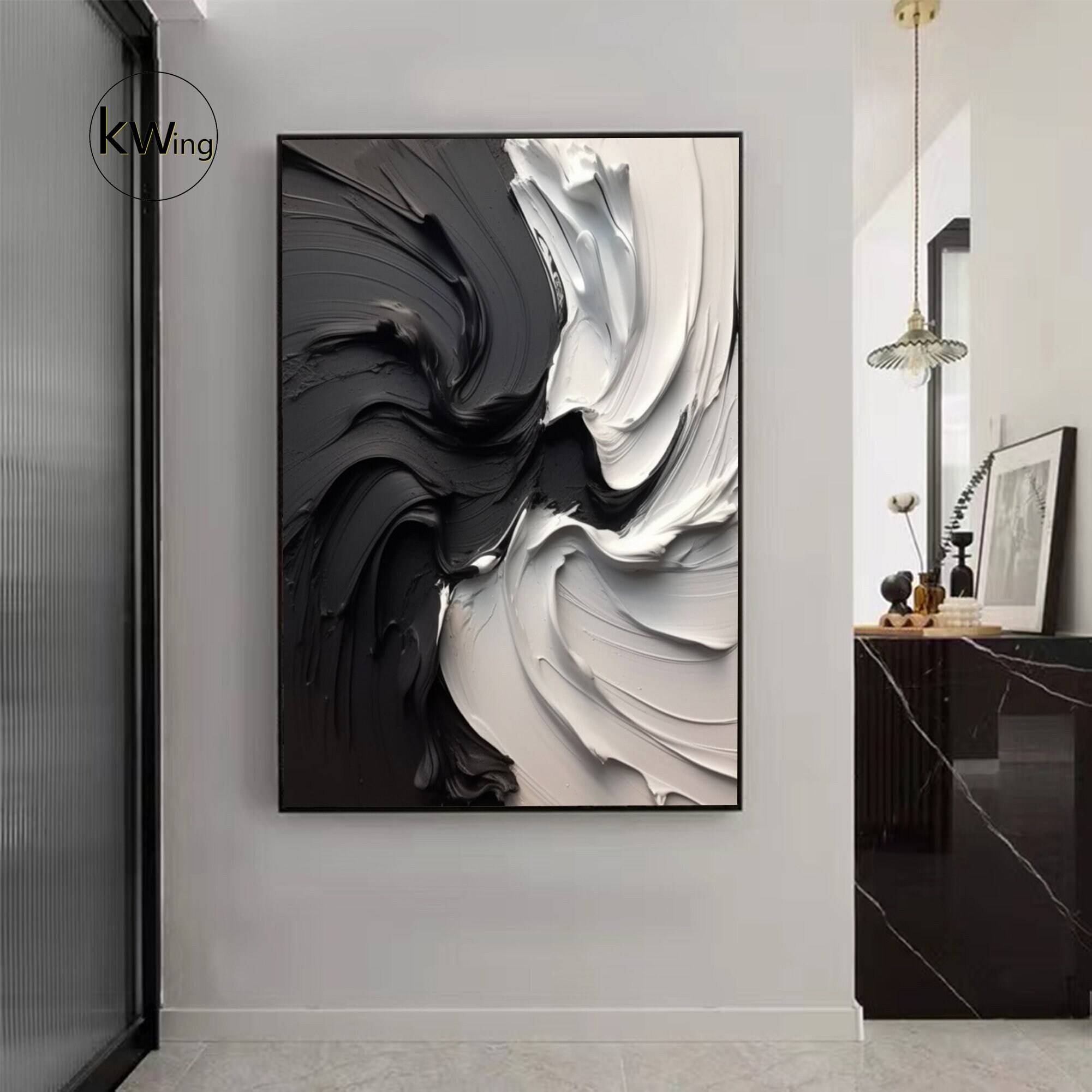 Large Black and White Textured Painting,black White Abstract Painting