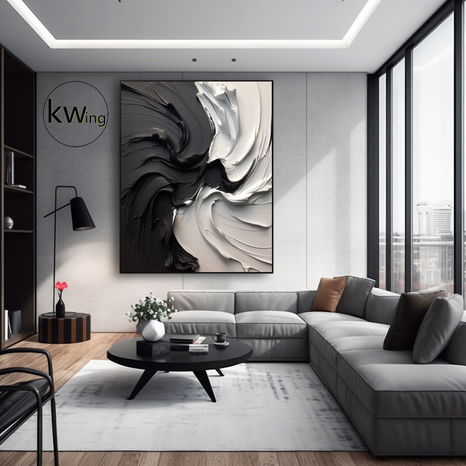 Large Black and White Textured Painting,black White Abstract Painting,modern Black White ...