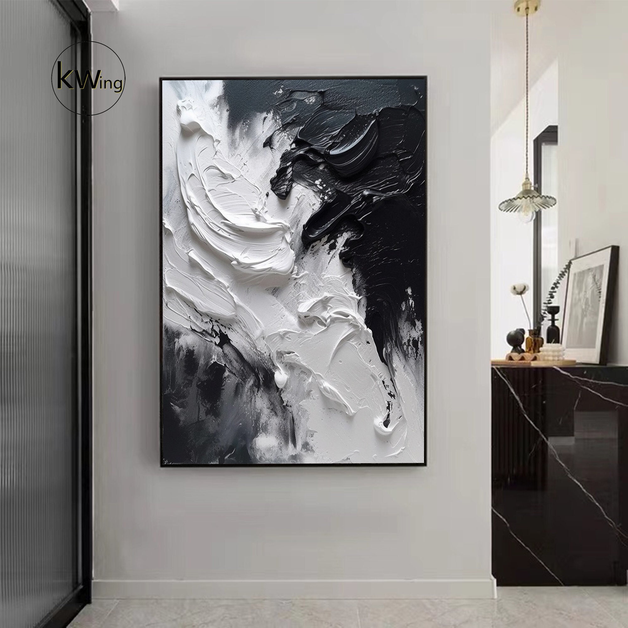 Large Black and White Wall Art,black White Textured Wall Art,black