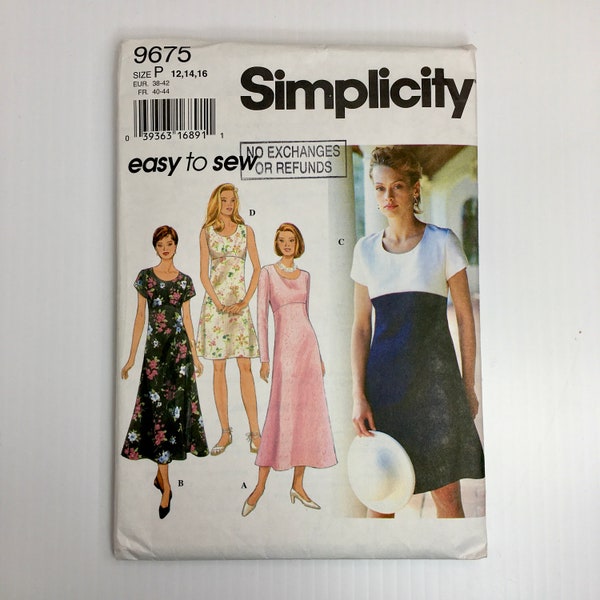 Vintage 1990s Simplicity A-Line Dress with Sleeve Variations Size 12-14-16 Sewing Pattern 9675