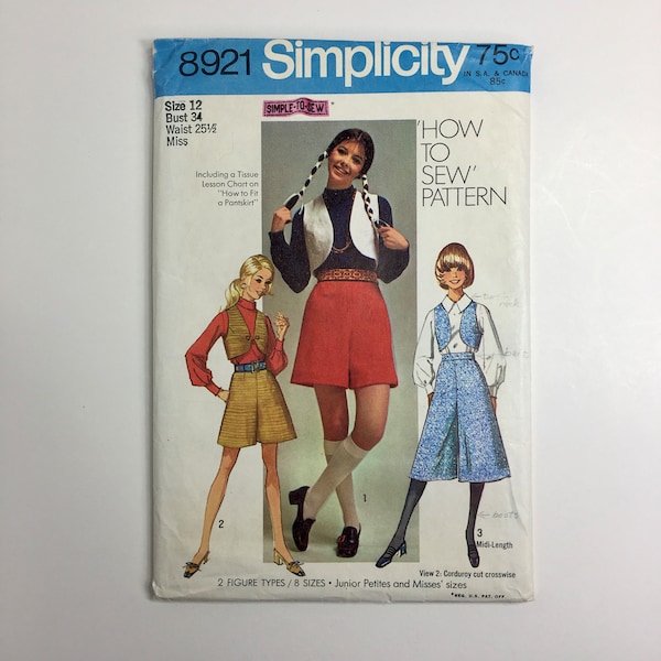 Vintage 1970s Simplicity Vest Pantskirt (Gaucho) Shorts in Two Lengths Size 12 Sewing Pattern 8921