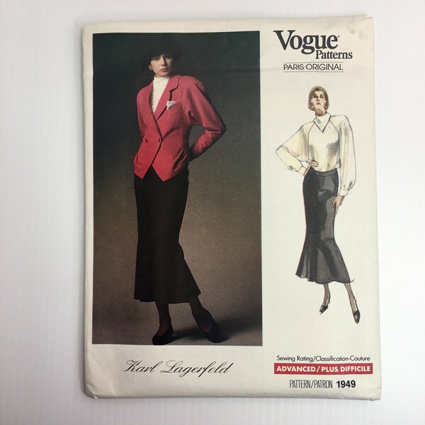 Vintage 1980s Vogue Karl Lagerfeld Misses' Jacket, Skirt and Blouse Size 10 UNCUT Sewing Pattern 1949