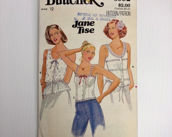 Vintage 1970s Butterick Designer Jane Ties Lingerie Style Eyelet Camisole Tops Size 12 Sewing Pattern 5992