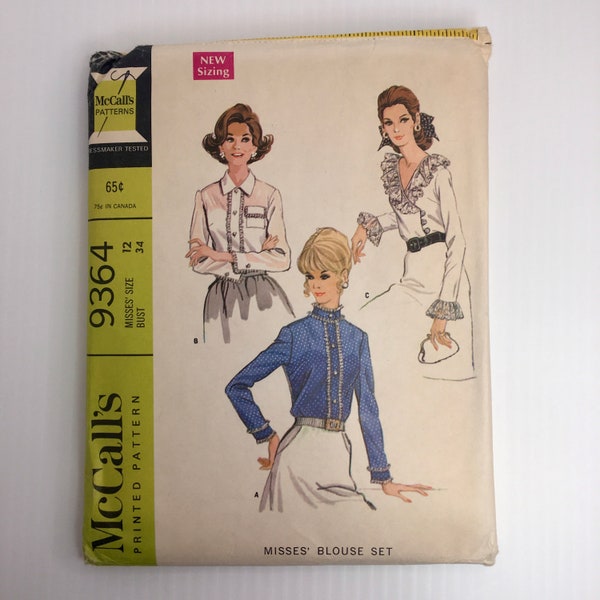 Vintage 1960s McCall's Blouse Pattern Set Size 12 UNCUT Sewing Pattern 9364
