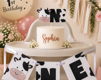 Cow First Birthday Cake Topper, High Chair Banner, ONE Birthday Decor, Personalized Name Cake Charm, Farm 1st Birthday Party