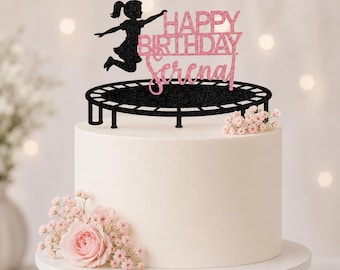 Personalized Trampoline Girl Cake Topper, Jumping Girl Birthday Cake Topper, Custom Name Birthday Decoration, Glitter Cake Topper