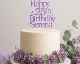 Personalized 25th Birthday Cake Topper, Custom Name Birthday Cake Topper, Birthday Cake Decoration, Lilac Glitter Cake Topper