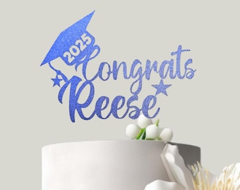 Custom Name Graduation Cake Topper, Glitter Congrats