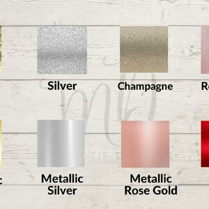 May include: A comparison of different metallic finishes, including gold, silver, champagne, rose gold, and red. The top row shows glitter finishes, while the bottom row shows solid metallic finishes.