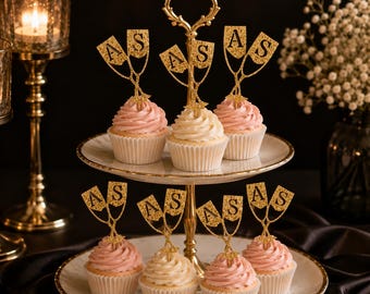 Personalized Initials Cupcake Toppers, Wedding Champagne Glass Cupcake Topper, Custom Initials, Engagement & Anniversary Party Decor