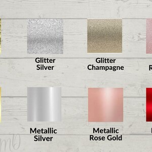May include: A comparison of different glitter and metallic finishes. The finishes are shown in squares, with the names of each finish written below. The finishes include glitter gold, glitter silver, glitter champagne, glitter rose gold, metallic gold, metallic silver, metallic rose gold, and metallic red.