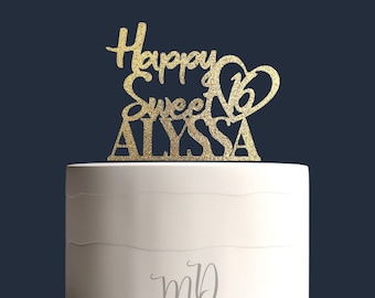 Verjaardagstaarttopper, aangepaste verjaardagstaarttopper, Happy Sweet 16-naam, gepersonaliseerde verjaardagstaarttopper.