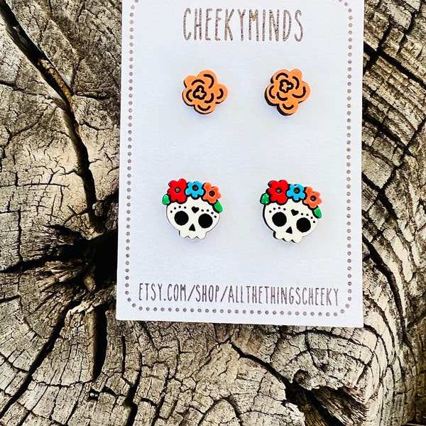 Minimalist Dia de los Muertos Earrings Stud Set | Dia De los Mueros Earrings Studs | Day of the Dead Earrings Set | Kawaii Earrings Stud